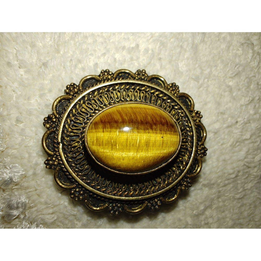 Brooch Pendant Vintage Israel 925 Sterling Gold Vermeil Tigers Eye Filigree
